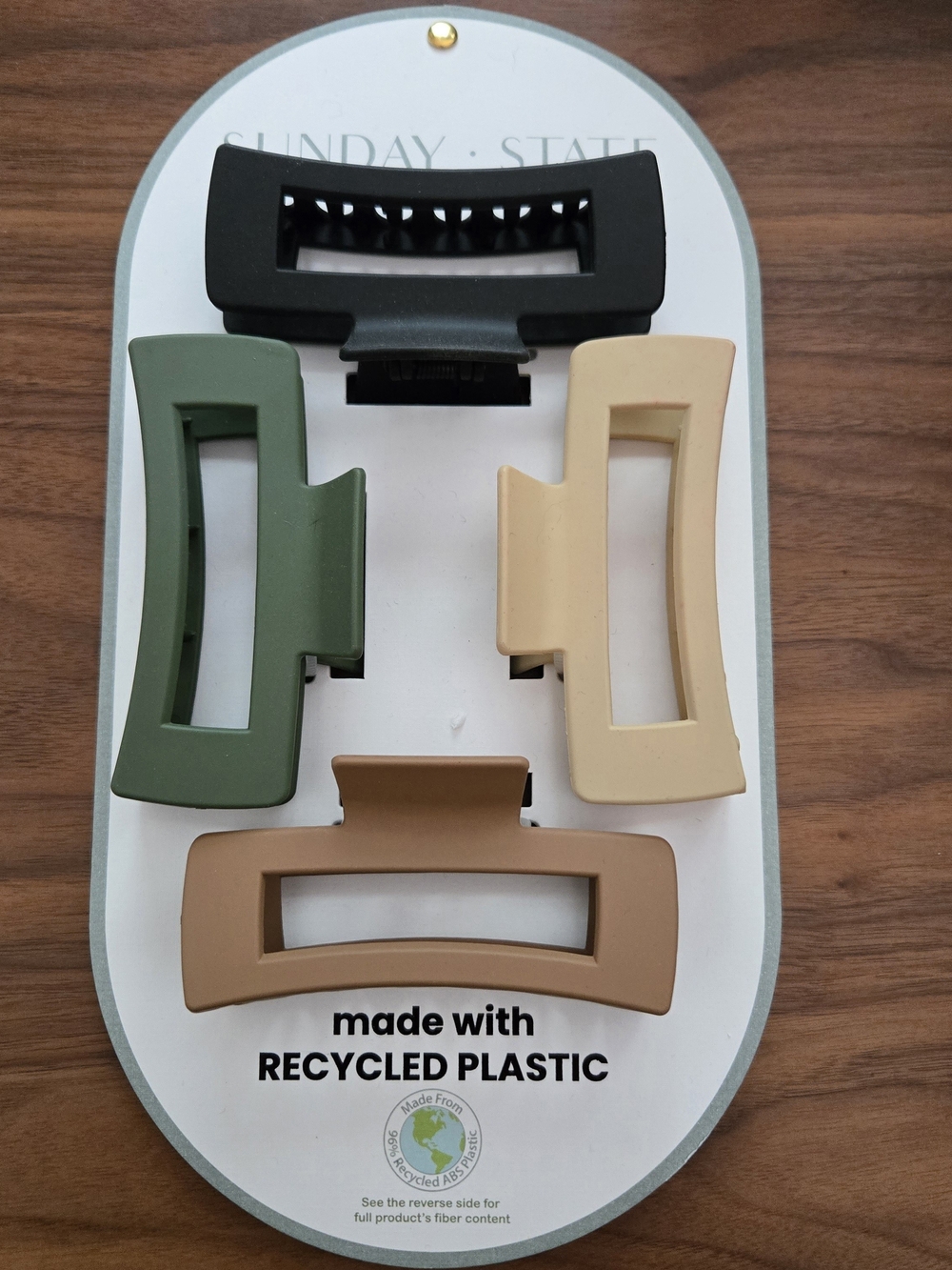 Recycled Plastic Rectangular Hair Claw Clip Set - Black, Olive, Beige, Tan